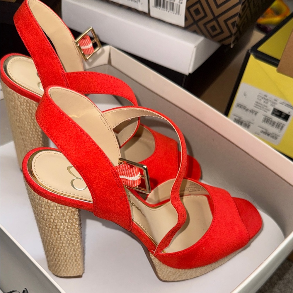New Jessica Simpson Red Suede Platform Sandals with Woven Block Heel